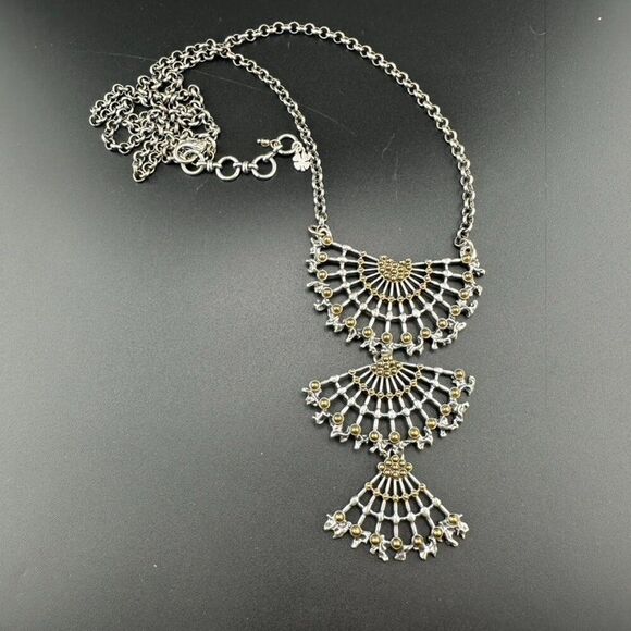 LUCKY BRAND Fan Silver Tone Bib Statement 34" Rolo Chain Bohemian Necklace - Picture 3 of 5